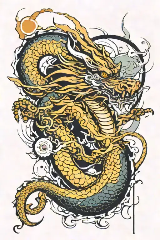 A futuristic Japanese dragon blending traditional and cyberpunk elements tattoo design idea