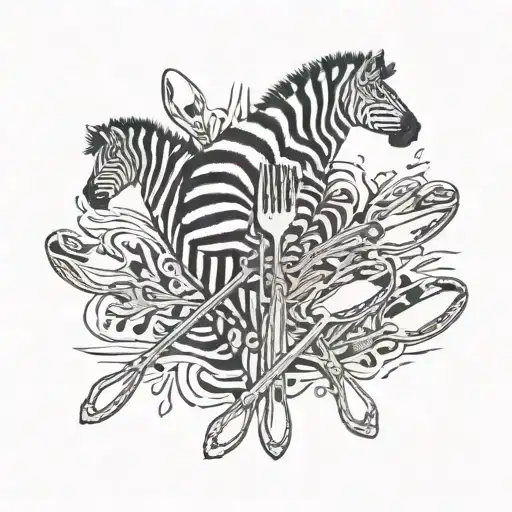 5 spoons grouped by a zebra ribbon in the style of an embroidered patch  tattoo design idea
