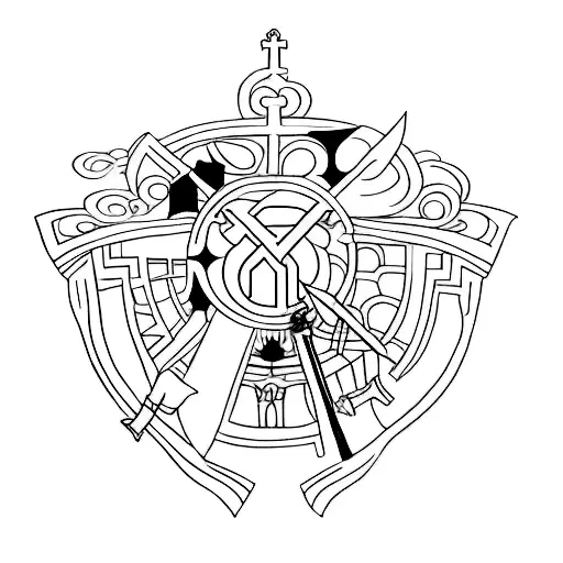 A minimalist tattoo of Zoro's three swords, each adorned with a Parisian symbol, like the Notre-Dame Cathedral. tattoo design idea