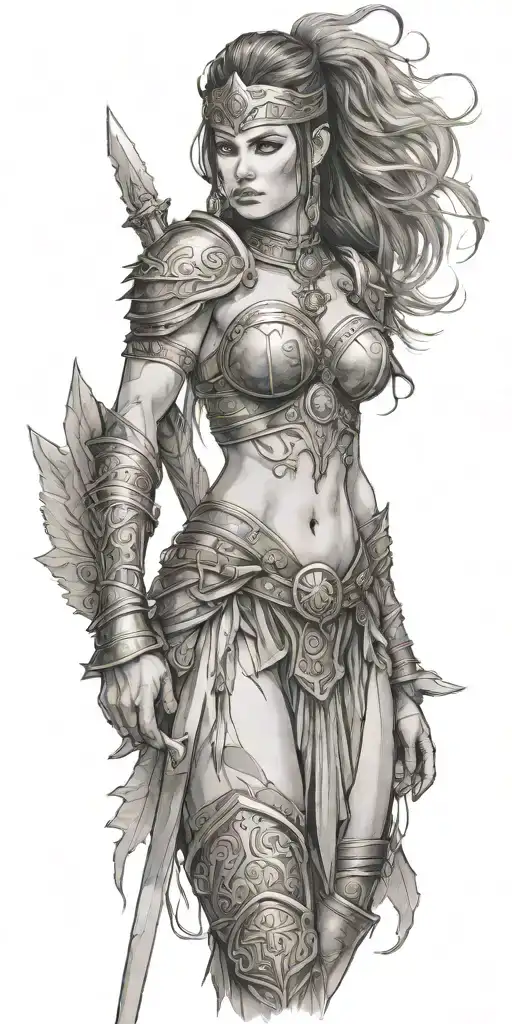 barbarian warrior woman posing tattoo design idea