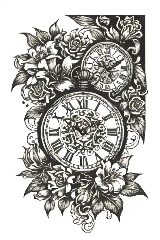 sheppheard and peruvian lilies and clocks  tattoo design idea