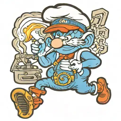  A Smurf who is a heavy duty diesel mechanic with a cigarette in it’s mouth  tattoo design idea