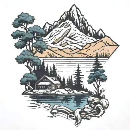mountain lake infront tattoo design idea