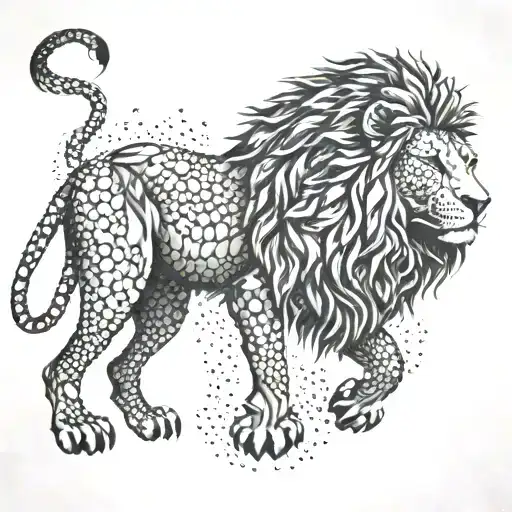 A dotwork tattoo of a Jamaican lion symbolizing strength and power, with subtle construction elements incorporated into the design tattoo design idea