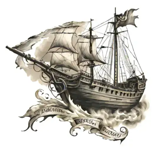 Ancient Greek pirate ship with a note that has Greek script on.  Ancient Greek warriors with ancient ruins in background tattoo design idea