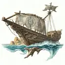 Ancient Greek pirate ship with a note that has Greek script on.  Ancient Greek warriors with ancient ruins in background tattoo design idea