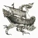 Ancient Greek pirate ship with a note that has Greek script on.  Ancient Greek warriors with ancient ruins in background tattoo design idea