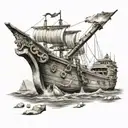 Ancient Greek pirate ship with a note that has Greek script on.  Ancient Greek warriors with ancient ruins in background tattoo design idea