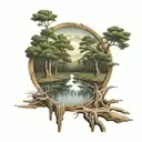 Golf hole in a swamp cypress trees tattoo design idea
