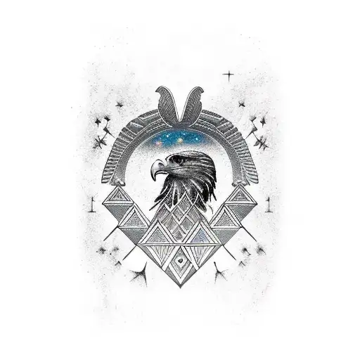 An intricate blackwork tattoo of a majestic eagle soaring above the Egyptian pyramids tattoo design idea