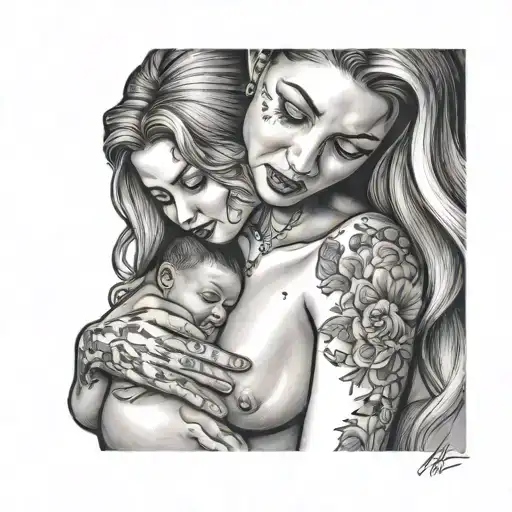  Busty mother breastfeeds her son tattoo design idea