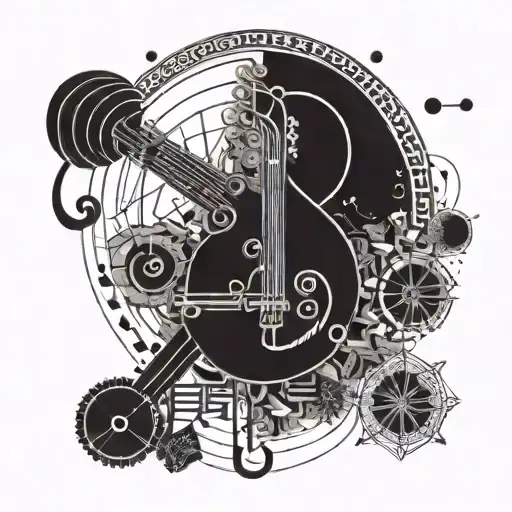 A geometric pattern tattoo incorporating elements of jazz music and Buddhist symbols, reflecting the client's diverse interests and passions tattoo design idea