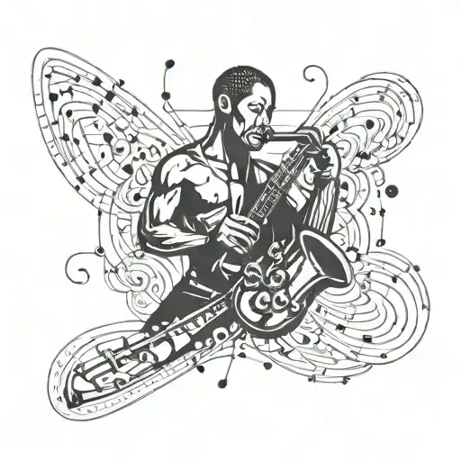 MuayThai fighter plays saxophone in jazz band, while the notes coming out from the saxophone turns into buddhist symbols tattoo design idea