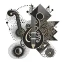 A geometric pattern tattoo incorporating elements of jazz music and Buddhist symbols, reflecting the client's diverse interests and passions tattoo design idea