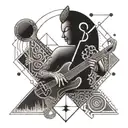 A geometric pattern tattoo incorporating elements of jazz music and Buddhist symbols, reflecting the client's diverse interests and passions tattoo design idea