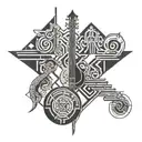 A geometric pattern tattoo incorporating elements of jazz music and Buddhist symbols, reflecting the client's diverse interests and passions tattoo design idea