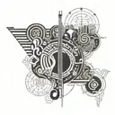 A geometric pattern tattoo incorporating elements of jazz music and Buddhist symbols, reflecting the client's diverse interests and passions tattoo design idea