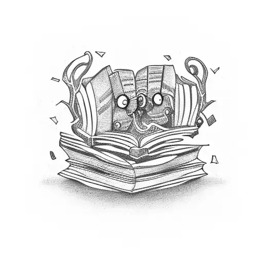 A bookworm curled up inside an open book, surrounded by intricate patterns and symbols tattoo design idea