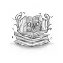 A bookworm curled up inside an open book, surrounded by intricate patterns and symbols tattoo design idea