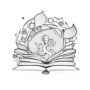 A bookworm curled up inside an open book, surrounded by intricate patterns and symbols tattoo design idea