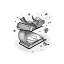 A bookworm curled up inside an open book, surrounded by intricate patterns and symbols tattoo design idea