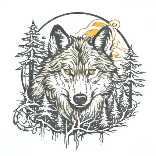 wolf and forest trees background looking tattoo design idea