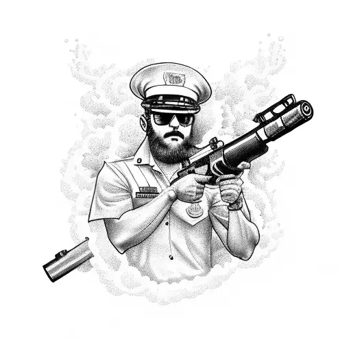 An intricate design featuring a US Navy sailor holding a 5 inch gun against a backdrop of crashing waves tattoo design idea