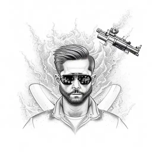 An intricate design featuring a US Navy sailor holding a 5 inch gun against a backdrop of crashing waves tattoo design idea