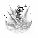 An intricate design featuring a US Navy sailor holding a 5 inch gun against a backdrop of crashing waves tattoo design idea