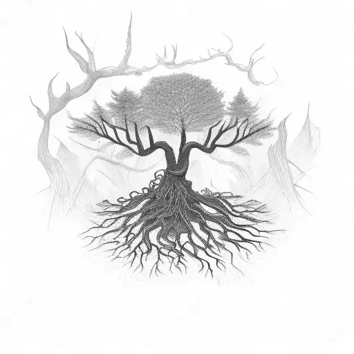 a dead tree with roots but with plantlife springing up around it tattoo design idea