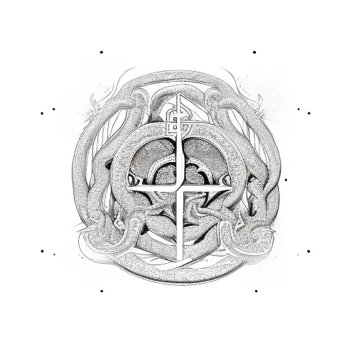 all the major religious symbols squished together by a serpent coiled around them tattoo design idea