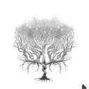 a dead tree with roots but with plantlife springing up around it tattoo design idea