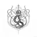 all the major religious symbols squished together by a serpent coiled around them tattoo design idea