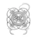 all the major religious symbols squished together by a serpent coiled around them tattoo design idea