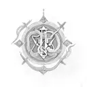 all the major religious symbols squished together by a serpent coiled around them tattoo design idea