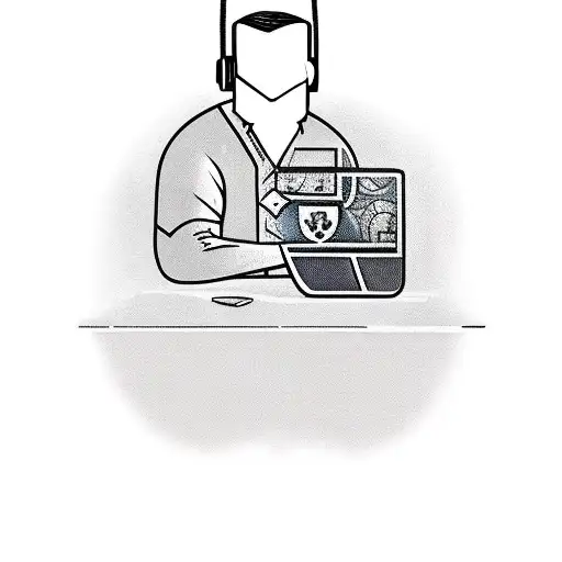 A traditional style tattoo of a programmer coding on a computer, with a guitar and headphones hanging in the background tattoo design idea