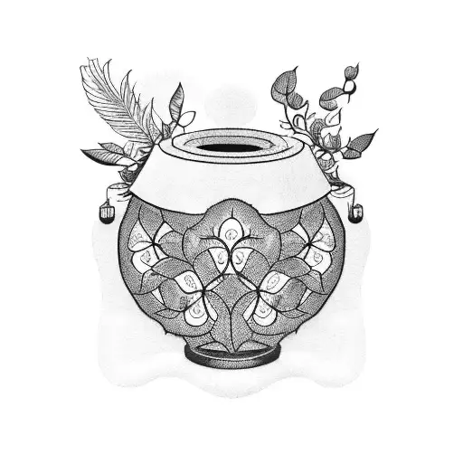 A blackwork tattoo of a honey jar with a label that says 'Miel' surrounded by mango and strawberry vines tattoo design idea