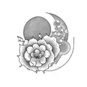 A honeycomb with a moon inside it surrounded by mango and strawberry flowers tattoo design idea
