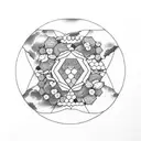 A honeycomb with a moon inside it surrounded by mango and strawberry flowers tattoo design idea