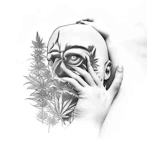 A realistic portrait tattoo of a monster peacefully lounging in a hammock, surrounded by cannabis plants and nature, capturing the essence of relaxation and nature's beauty tattoo design idea