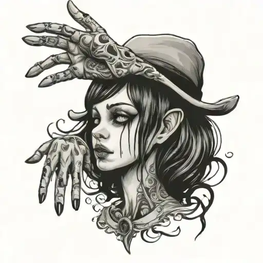 girl without pupils with creepy hands bw tattoo design idea