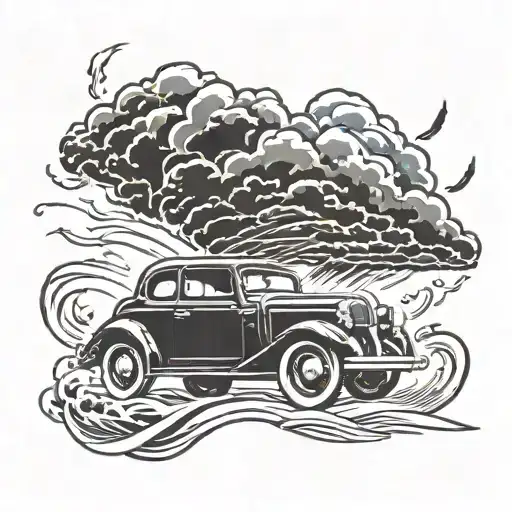 A traditional style tattoo of a vintage car speeding through a thunderstorm tattoo design idea
