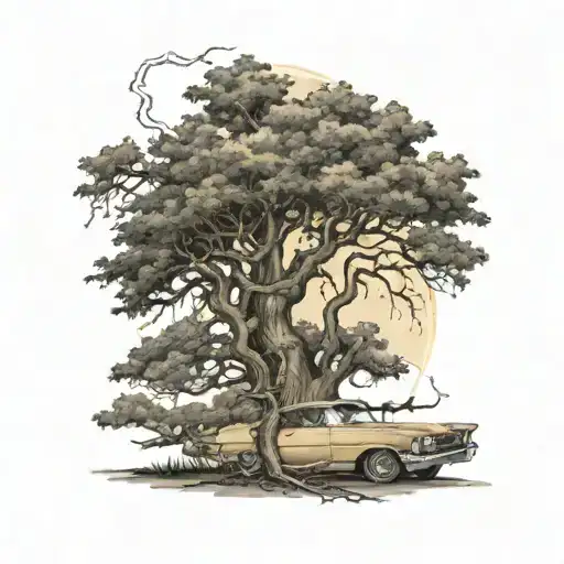 A realistic depiction of a lightning bolt striking a tree with a classic car parked underneath tattoo design idea