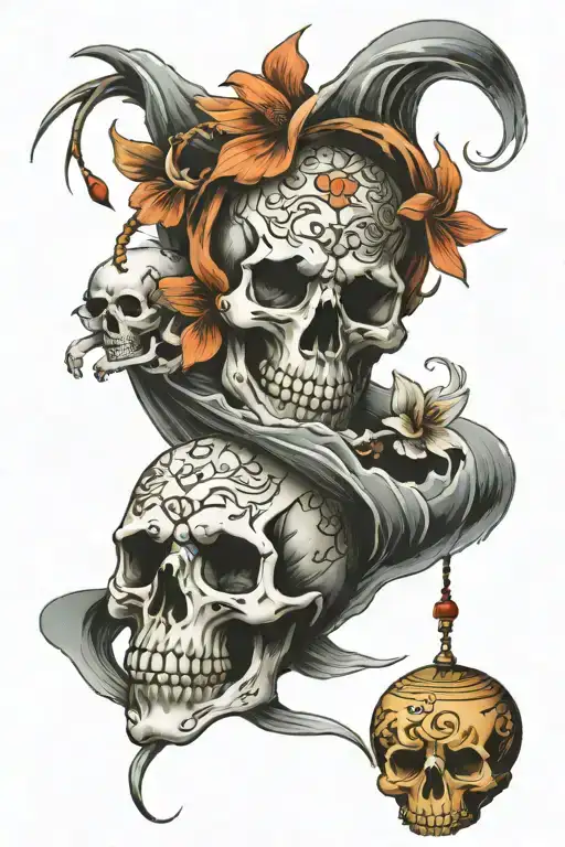 goldfish bells and skull tattoo design idea