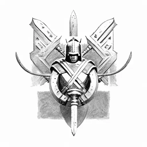 spartan with shield and spear standing tattoo design idea