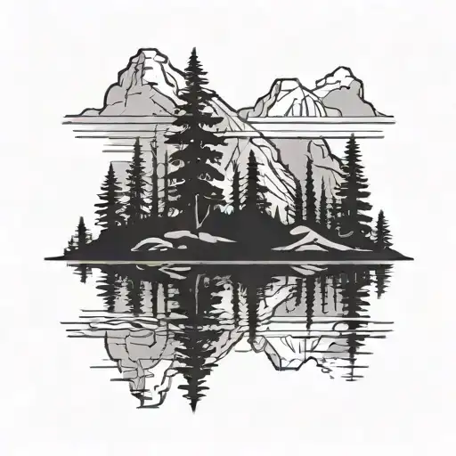 A black-grey tattoo of a serene mountain lake with the reflection of a hiker standing on the shore, surrounded by pine trees tattoo design idea