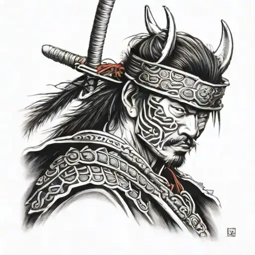 samurai warrior + eye looking tattoo design idea