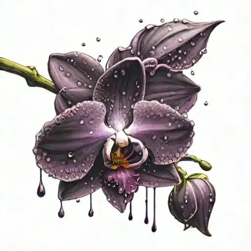 a black and purple accented orchid with a storm and rain drops falling off the flower tattoo design idea