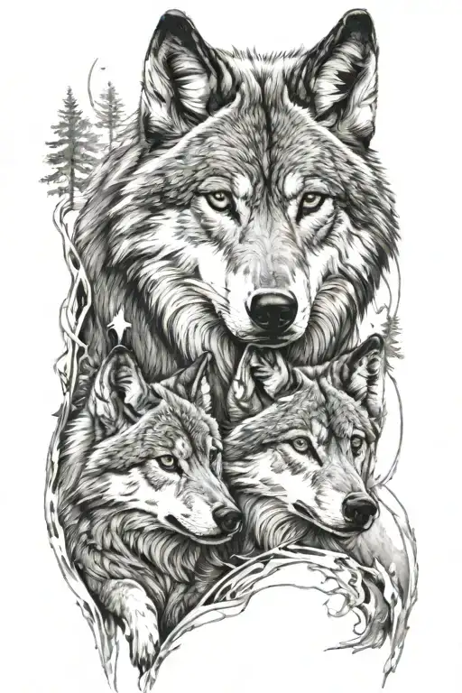wolf with cub surrounded tattoo design idea