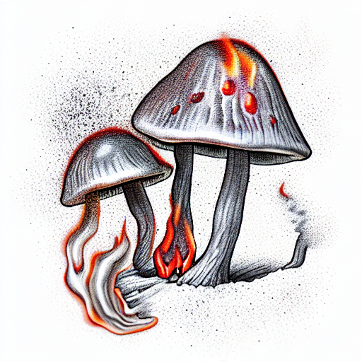 campfire with smoke rising that turns into mushrooms at the end of the smoke tattoo design idea